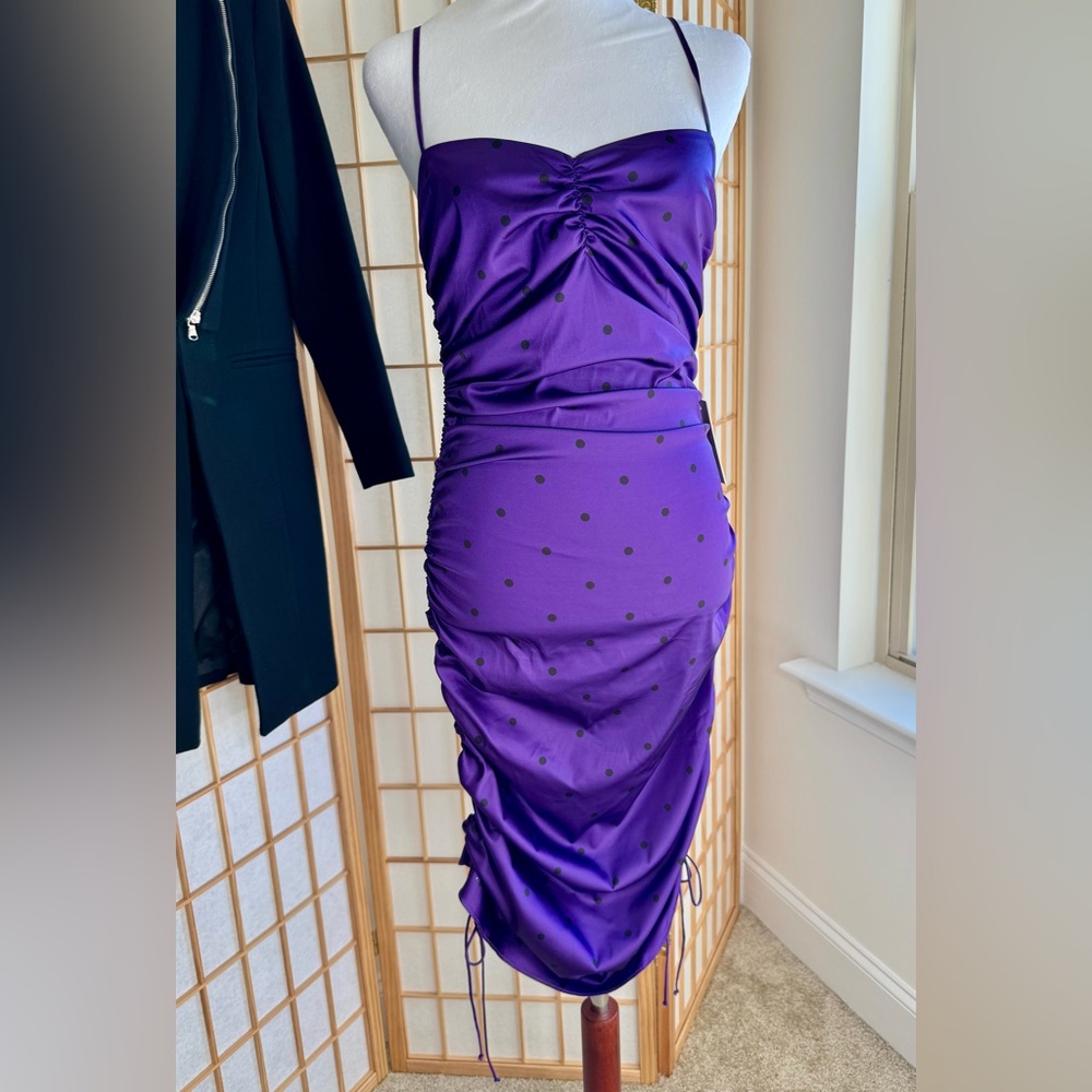 NWT: For Love & Lemons "Paula" Ruched Bodycon Dress, Satin/Royal Purple - Picture 3 of 9